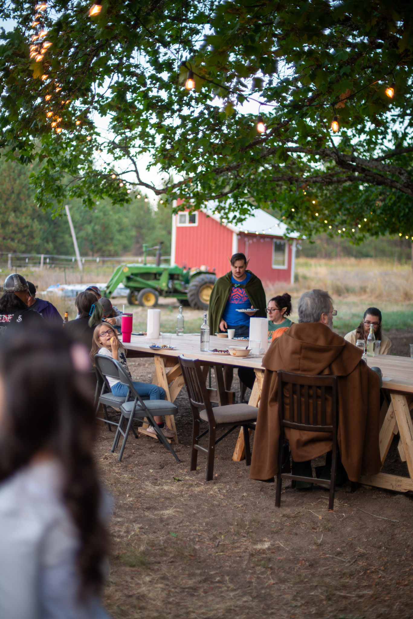 Guests in cloaks and elf ears seated at the long supper table beneath string lights, with the red barn beyond